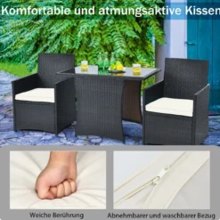 3-teiliges Patio Ess-Set Platzsparendes PE-Rattan Bistro Set mit Tischplatte
