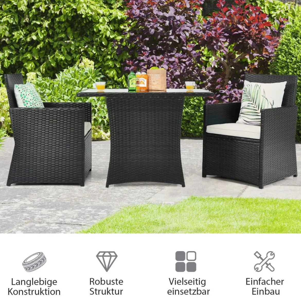 3-teiliges Patio Ess-Set Platzsparendes PE-Rattan Bistro Set mit Tischplatte
