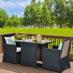 3-teiliges Patio Ess-Set Platzsparendes PE-Rattan Bistro Set mit Tischplatte