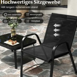 4-teiliges Patio Metallstuhl-Set Modernes Stuhlund Tisch-Set mit Stoffbezug Tischplatte aus gehärtetem Glas Schwarz/Braun/Grau/Blau