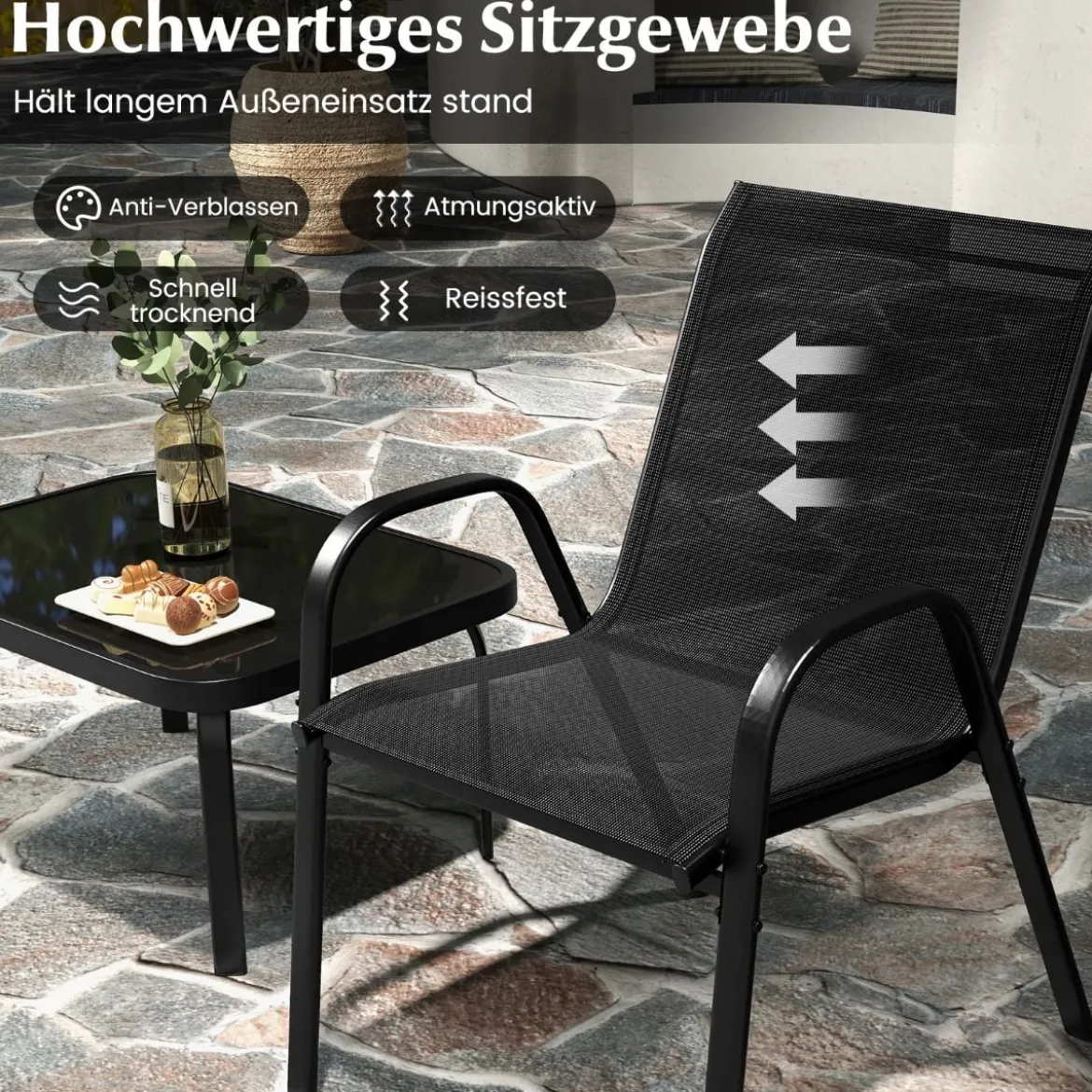 4-teiliges Patio Metallstuhl-Set Modernes Stuhlund Tisch-Set mit Stoffbezug Tischplatte aus gehärtetem Glas Schwarz/Braun/Grau/Blau