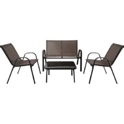4-teiliges Patio Metallstuhl-Set Modernes Stuhlund Tisch-Set mit Stoffbezug Tischplatte aus gehärtetem Glas Schwarz/Braun/Grau/Blau