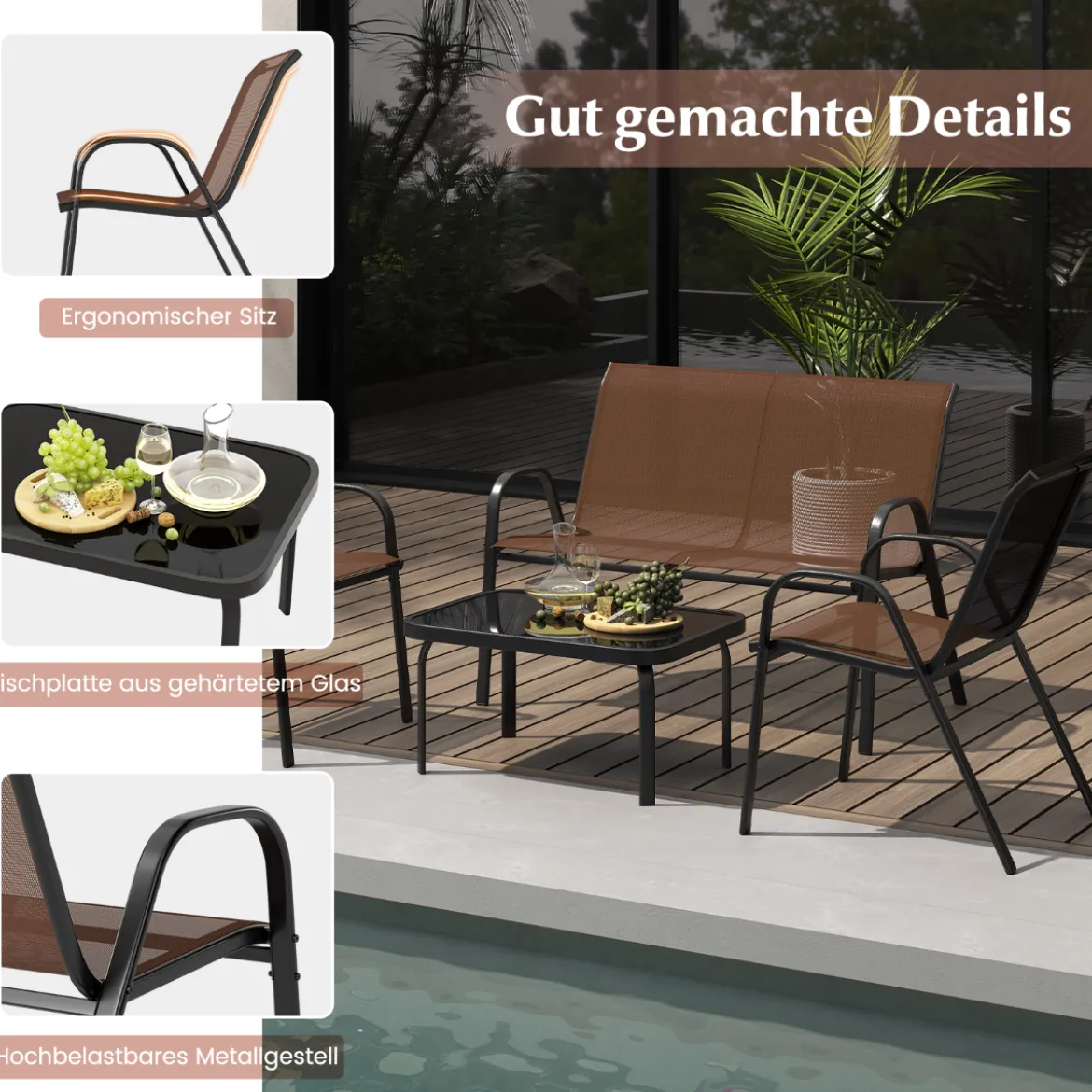 4-teiliges Patio Metallstuhl-Set Modernes Stuhlund Tisch-Set mit Stoffbezug Tischplatte aus gehärtetem Glas Schwarz/Braun/Grau/Blau