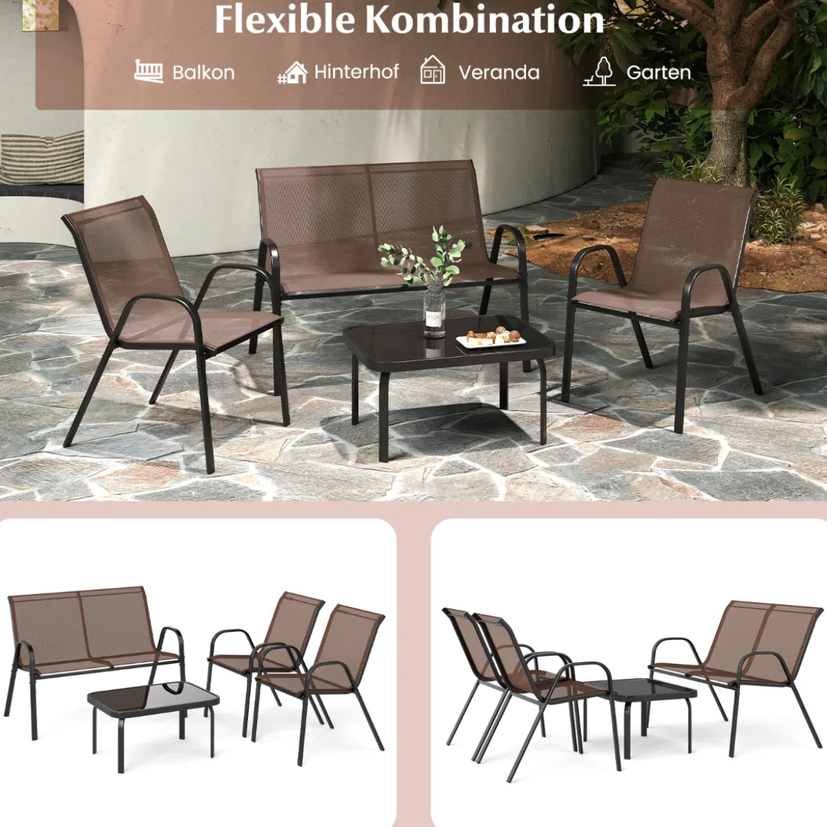 4-teiliges Patio Metallstuhl-Set Modernes Stuhlund Tisch-Set mit Stoffbezug Tischplatte aus gehärtetem Glas Schwarz/Braun/Grau/Blau