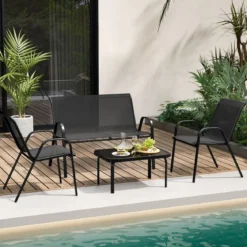 4-teiliges Patio Metallstuhl-Set Modernes Stuhlund Tisch-Set mit Stoffbezug Tischplatte aus gehärtetem Glas Schwarz/Braun/Grau/Blau