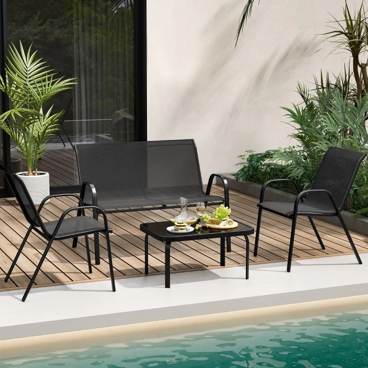 4-teiliges Patio Metallstuhl-Set Modernes Stuhlund Tisch-Set mit Stoffbezug Tischplatte aus gehärtetem Glas Schwarz/Braun/Grau/Blau