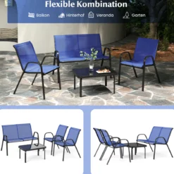 4-teiliges Patio Metallstuhl-Set Modernes Stuhlund Tisch-Set mit Stoffbezug Tischplatte aus gehärtetem Glas Schwarz/Braun/Grau/Blau
