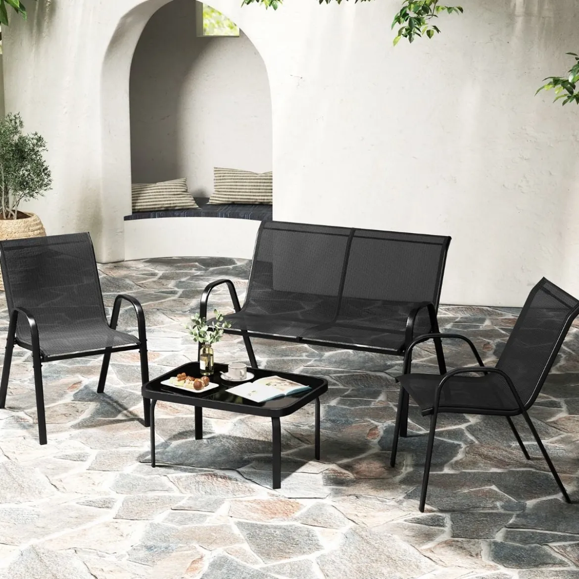 4-teiliges Patio Metallstuhl-Set Modernes Stuhlund Tisch-Set mit Stoffbezug Tischplatte aus gehärtetem Glas Schwarz/Braun/Grau/Blau