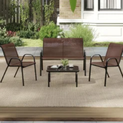 4-teiliges Patio Metallstuhl-Set Modernes Stuhlund Tisch-Set mit Stoffbezug Tischplatte aus gehärtetem Glas Schwarz/Braun/Grau/Blau