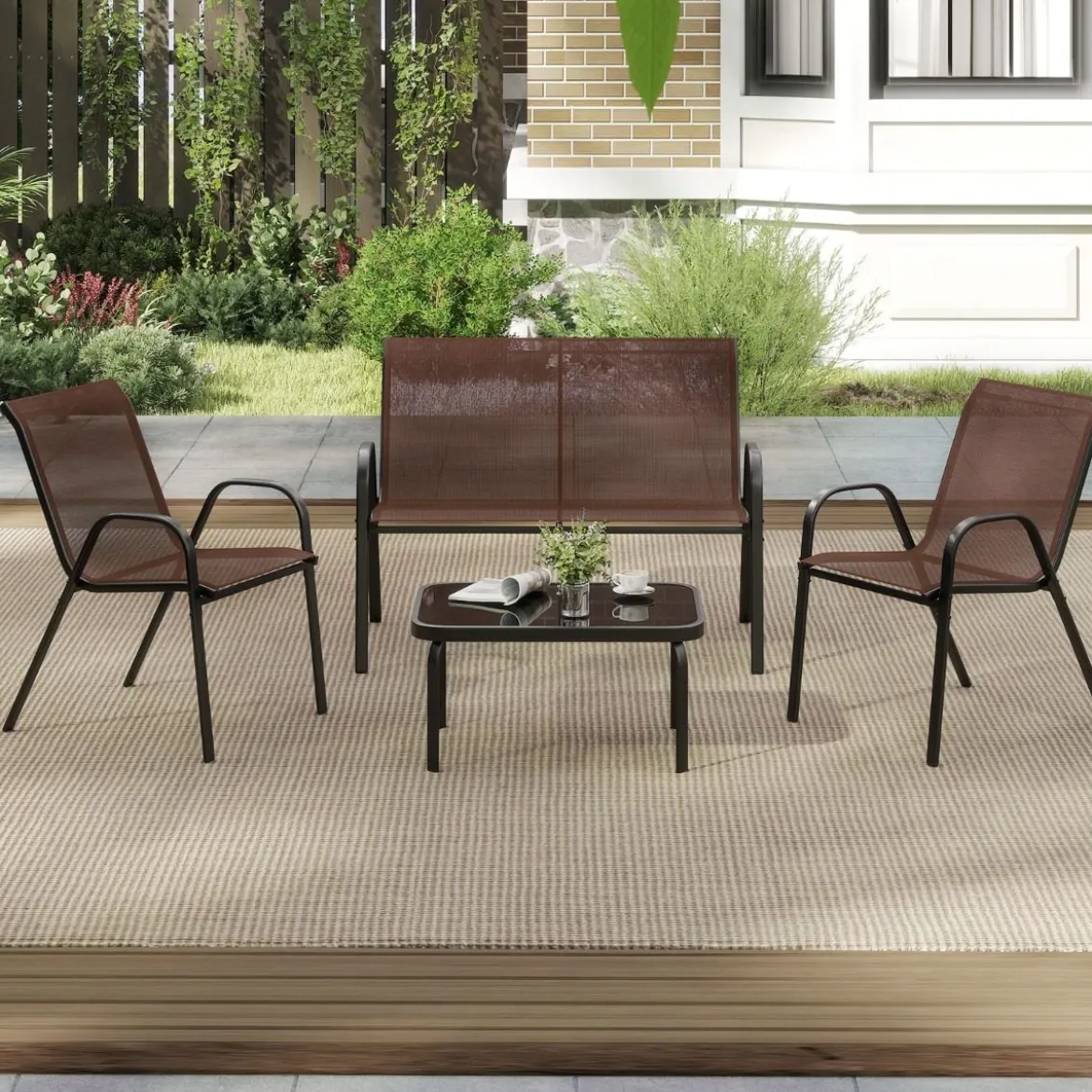 4-teiliges Patio Metallstuhl-Set Modernes Stuhlund Tisch-Set mit Stoffbezug Tischplatte aus gehärtetem Glas Schwarz/Braun/Grau/Blau