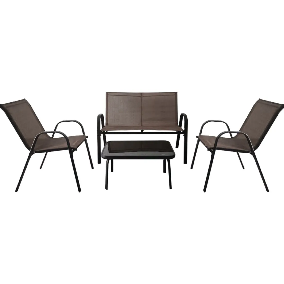 4-teiliges Patio Metallstuhl-Set Modernes Stuhlund Tisch-Set mit Stoffbezug Tischplatte aus gehärtetem Glas Schwarz/Braun/Grau/Blau