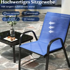 4-teiliges Patio Metallstuhl-Set Modernes Stuhlund Tisch-Set mit Stoffbezug Tischplatte aus gehärtetem Glas Schwarz/Braun/Grau/Blau