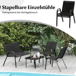 4-teiliges Patio Metallstuhl-Set Modernes Stuhlund Tisch-Set mit Stoffbezug Tischplatte aus gehärtetem Glas Schwarz/Braun/Grau/Blau