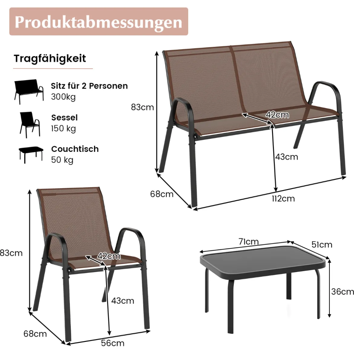 4-teiliges Patio Metallstuhl-Set Modernes Stuhlund Tisch-Set mit Stoffbezug Tischplatte aus gehärtetem Glas Schwarz/Braun/Grau/Blau