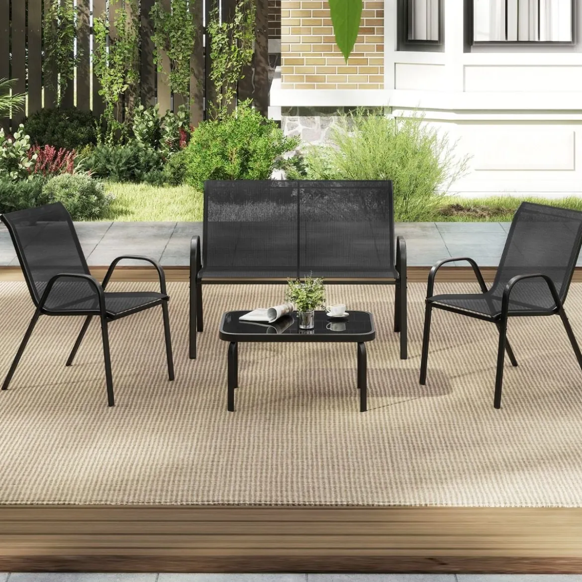 4-teiliges Patio Metallstuhl-Set Modernes Stuhlund Tisch-Set mit Stoffbezug Tischplatte aus gehärtetem Glas Schwarz/Braun/Grau/Blau