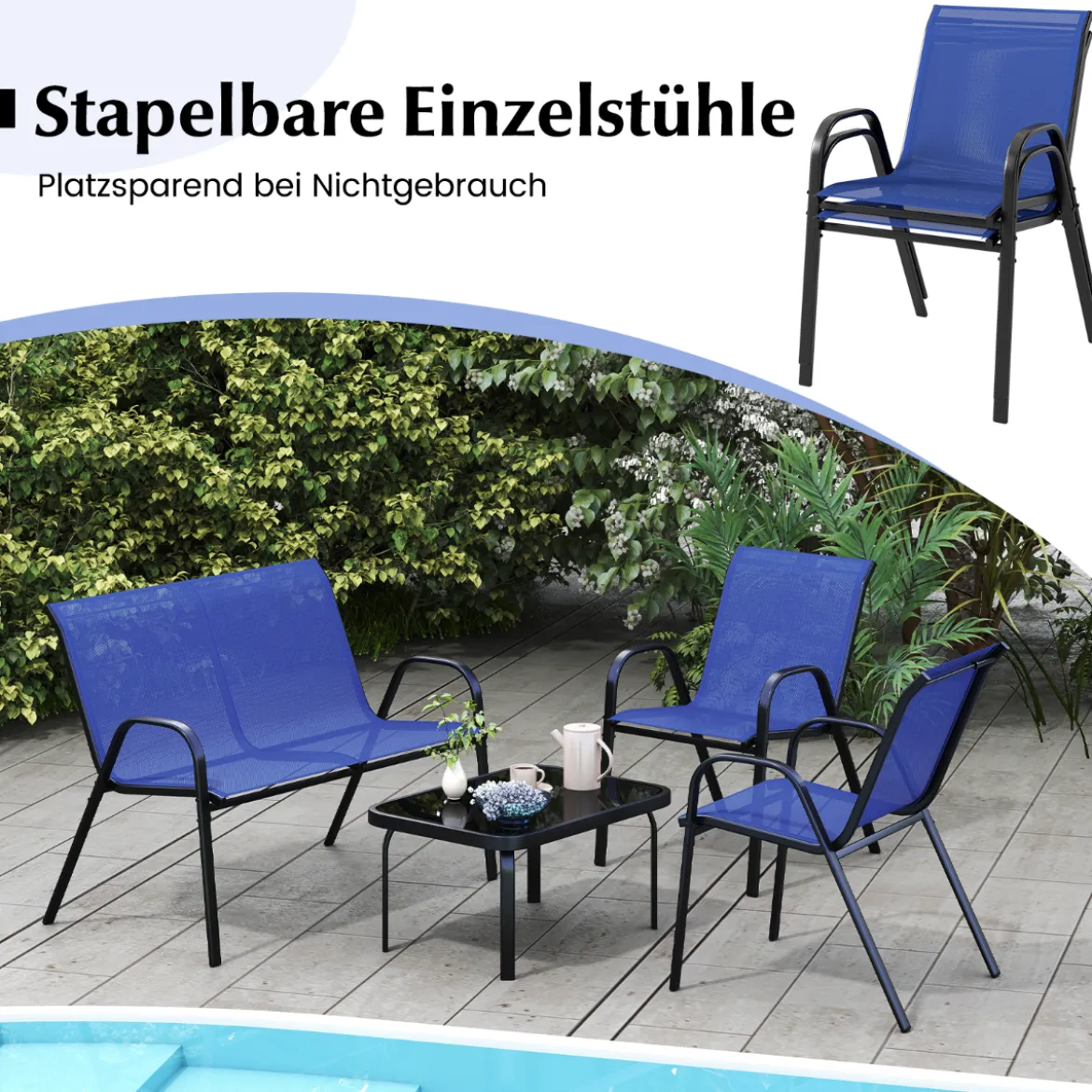 4-teiliges Patio Metallstuhl-Set Modernes Stuhlund Tisch-Set mit Stoffbezug Tischplatte aus gehärtetem Glas Schwarz/Braun/Grau/Blau
