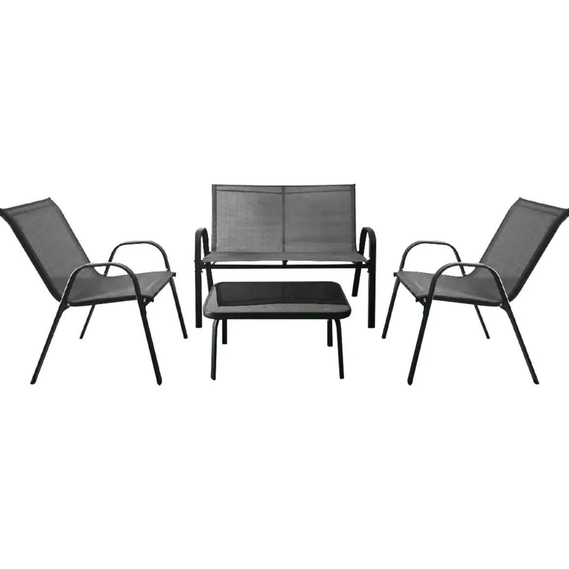 4-teiliges Patio Metallstuhl-Set Modernes Stuhlund Tisch-Set mit Stoffbezug Tischplatte aus gehärtetem Glas Schwarz/Braun/Grau/Blau