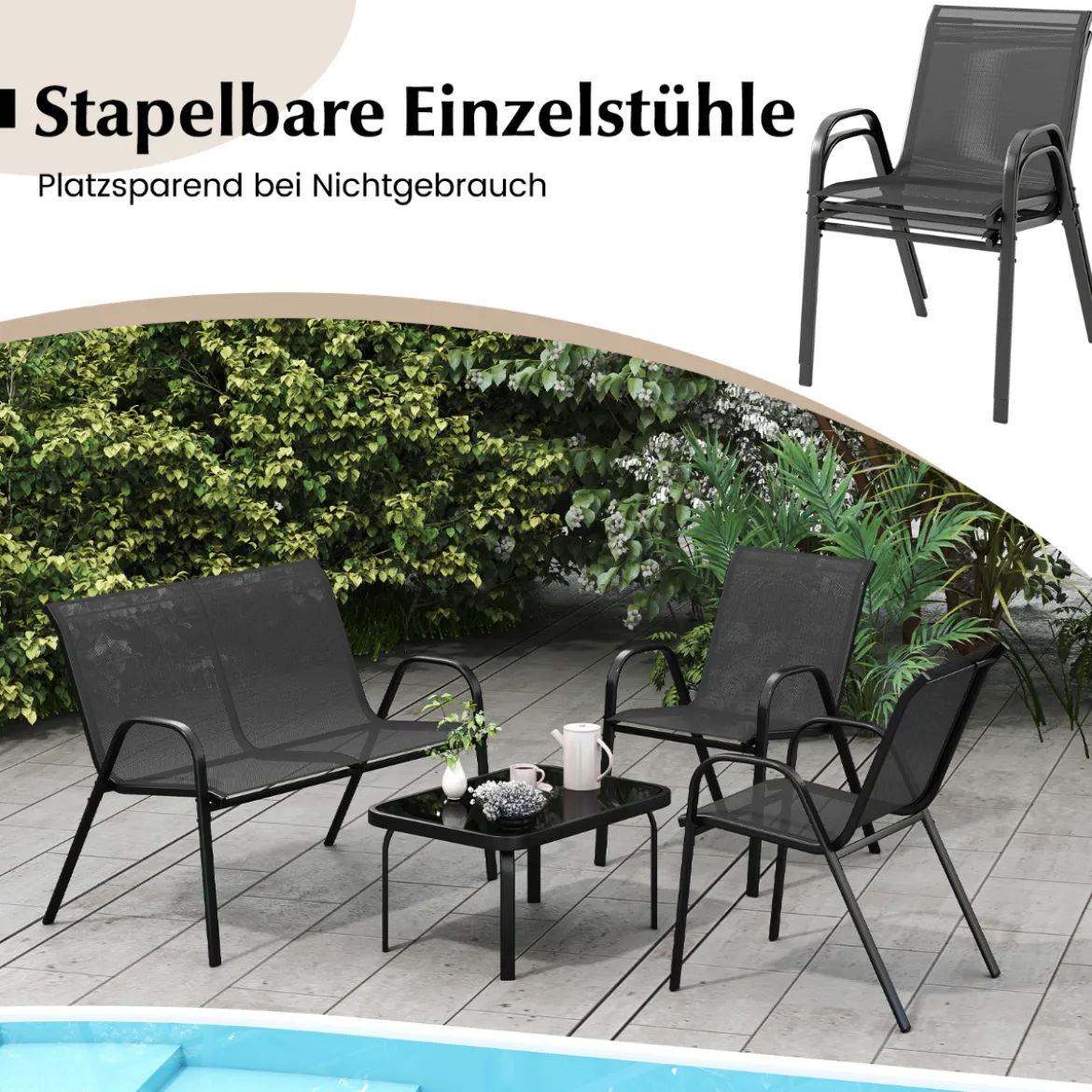 4-teiliges Patio Metallstuhl-Set Modernes Stuhlund Tisch-Set mit Stoffbezug Tischplatte aus gehärtetem Glas Schwarz/Braun/Grau/Blau