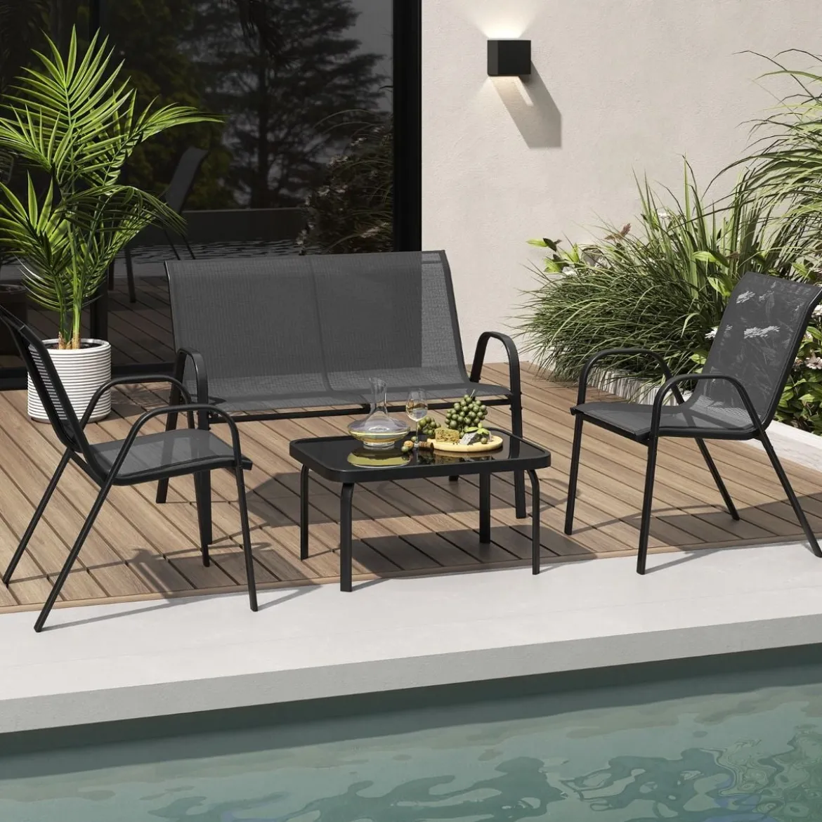 4-teiliges Patio Metallstuhl-Set Modernes Stuhlund Tisch-Set mit Stoffbezug Tischplatte aus gehärtetem Glas Schwarz/Braun/Grau/Blau