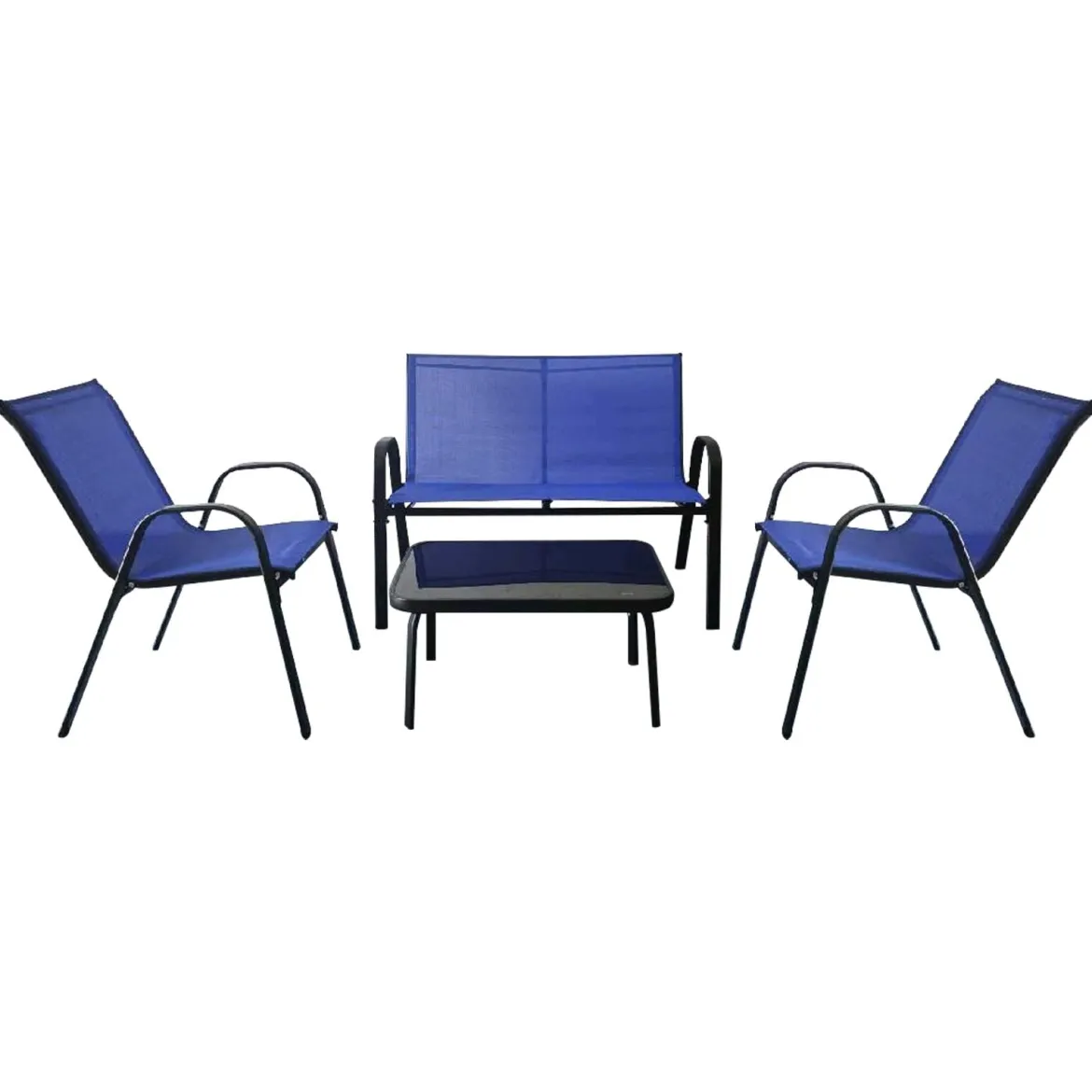 4-teiliges Patio Metallstuhl-Set Modernes Stuhlund Tisch-Set mit Stoffbezug Tischplatte aus gehärtetem Glas Schwarz/Braun/Grau/Blau