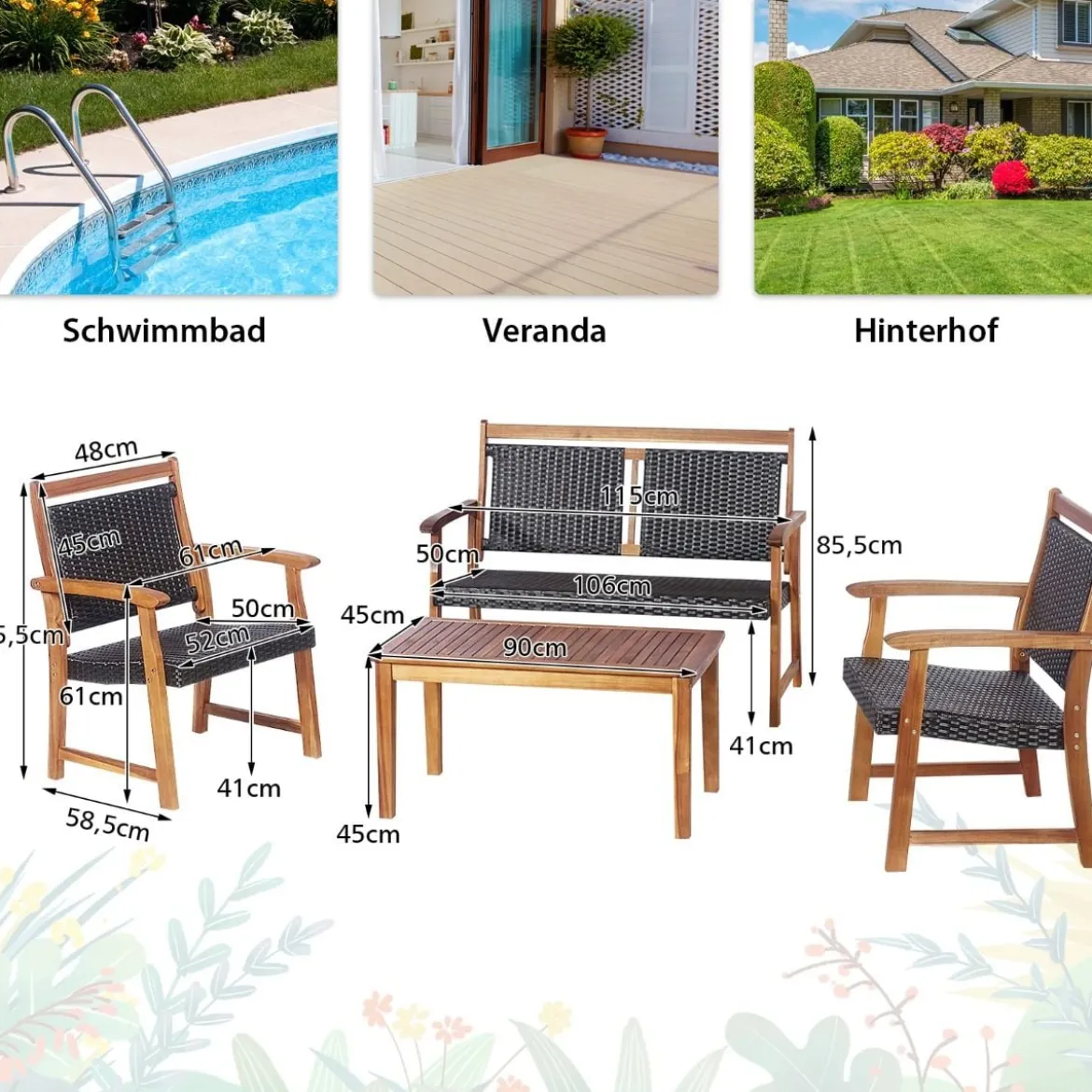 4-teiliges Patio-Rattan-Gesprächsset mit Akazienholzrahmen Sectional Furniture Set für Garten
