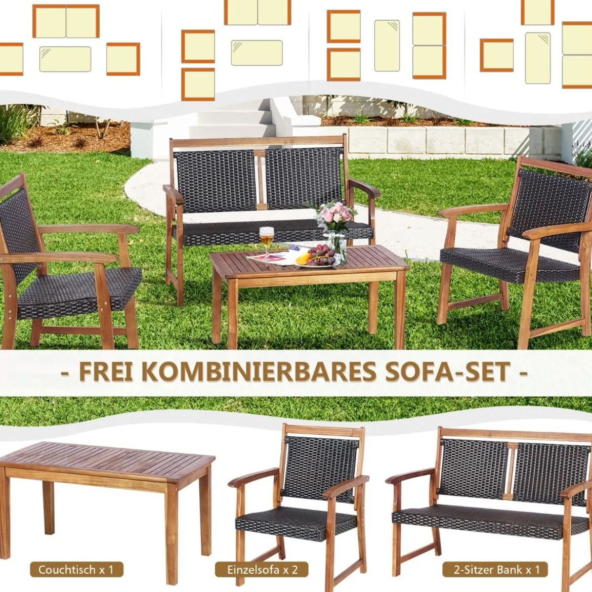 4-teiliges Patio-Rattan-Gesprächsset mit Akazienholzrahmen Sectional Furniture Set für Garten