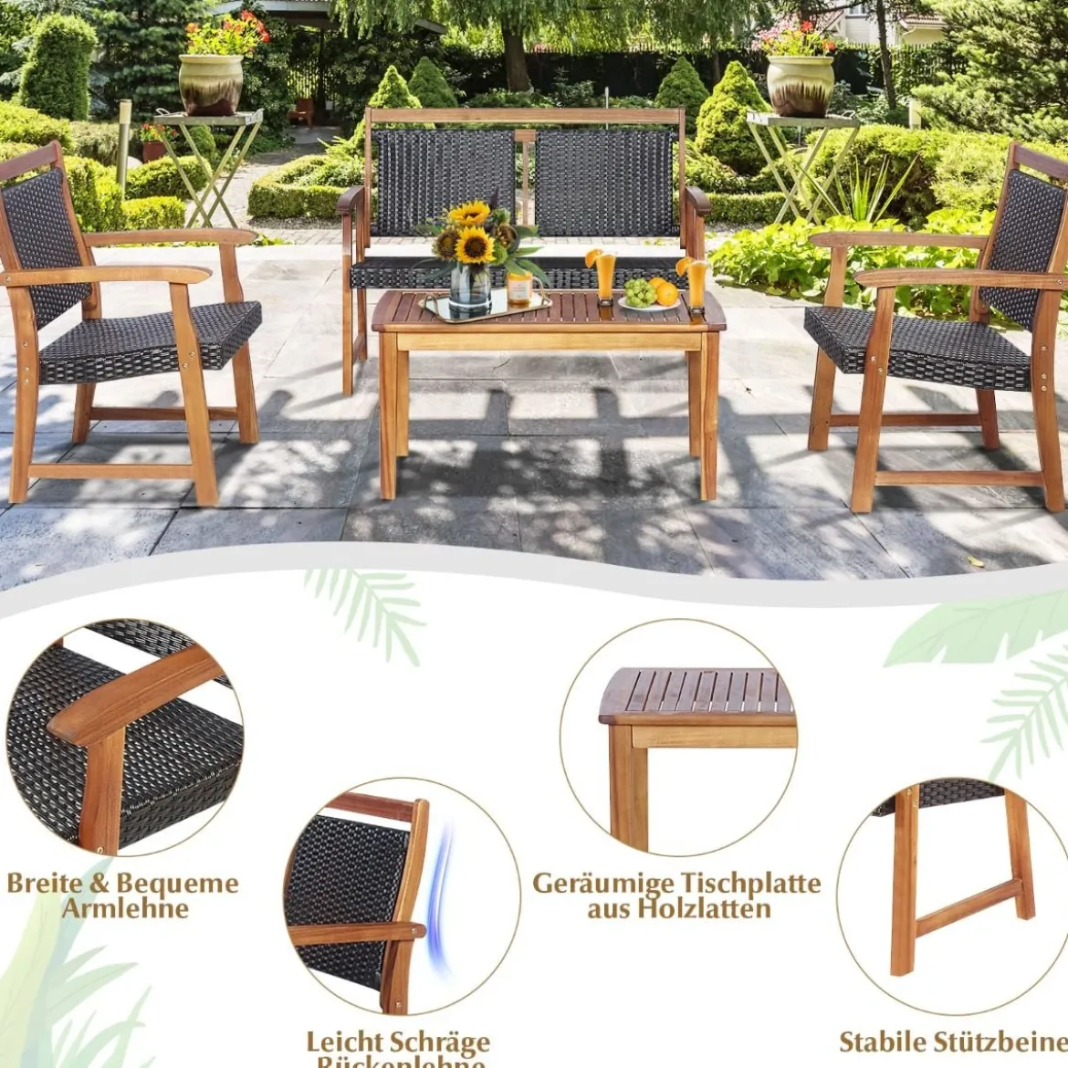 4-teiliges Patio-Rattan-Gesprächsset mit Akazienholzrahmen Sectional Furniture Set für Garten