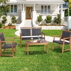 4-teiliges Patio-Rattan-Gesprächsset mit Akazienholzrahmen Sectional Furniture Set für Garten