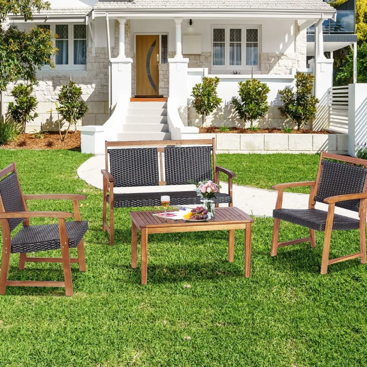 4-teiliges Patio-Rattan-Gesprächsset mit Akazienholzrahmen Sectional Furniture Set für Garten