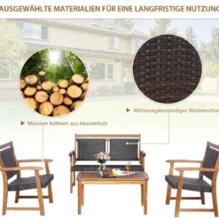 4-teiliges Patio-Rattan-Gesprächsset mit Akazienholzrahmen Sectional Furniture Set für Garten