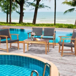 4-teiliges Patio-Rattan-Gesprächsset mit Akazienholzrahmen Sectional Furniture Set für Garten