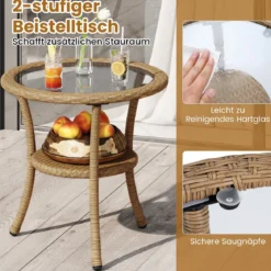 3-teiliges PE Rattan Bistro-Set für die Terrasse Outdoor-Set mit Kissen und 2-stöckigem Tisch Beige