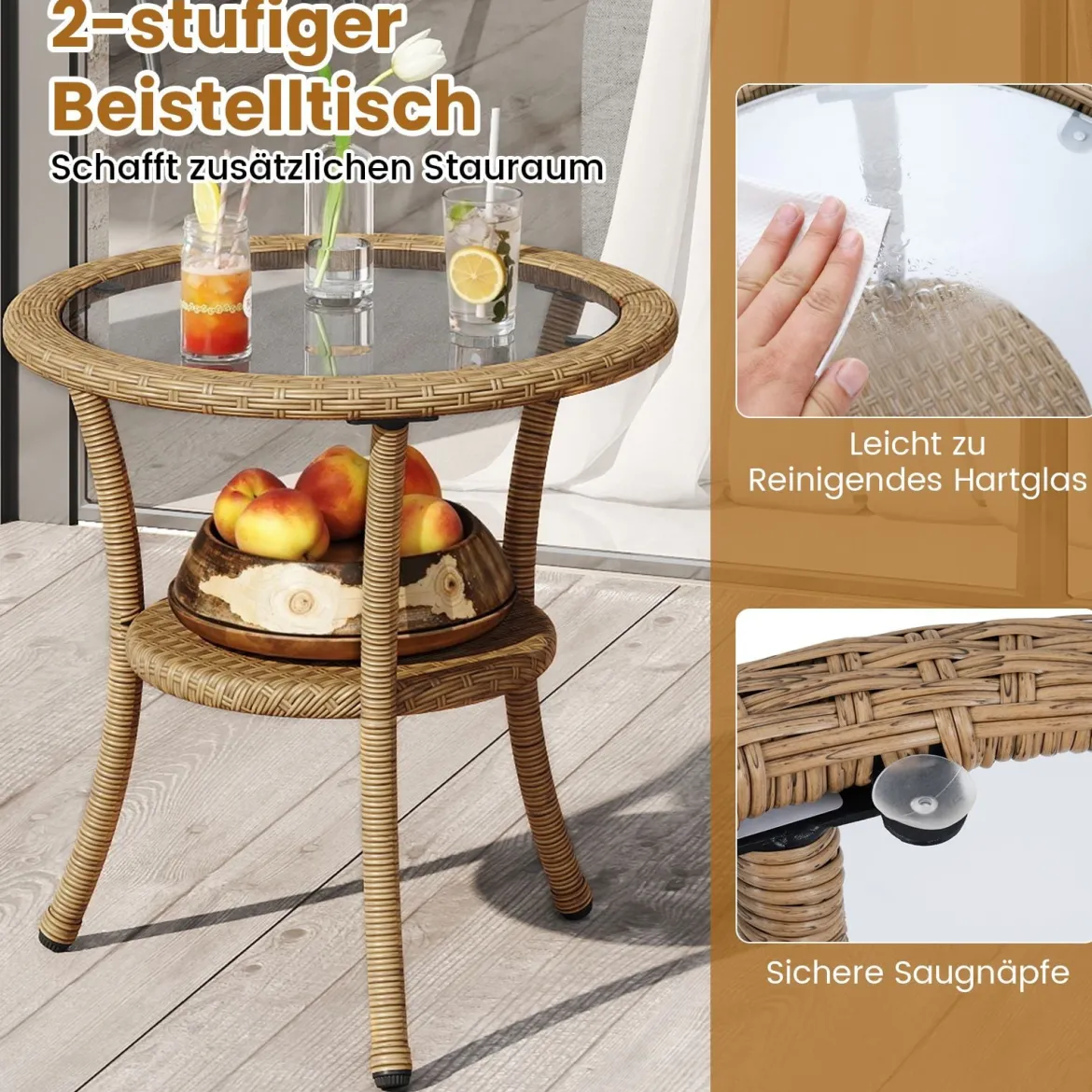3-teiliges PE Rattan Bistro-Set für die Terrasse Outdoor-Set mit Kissen und 2-stöckigem Tisch Beige