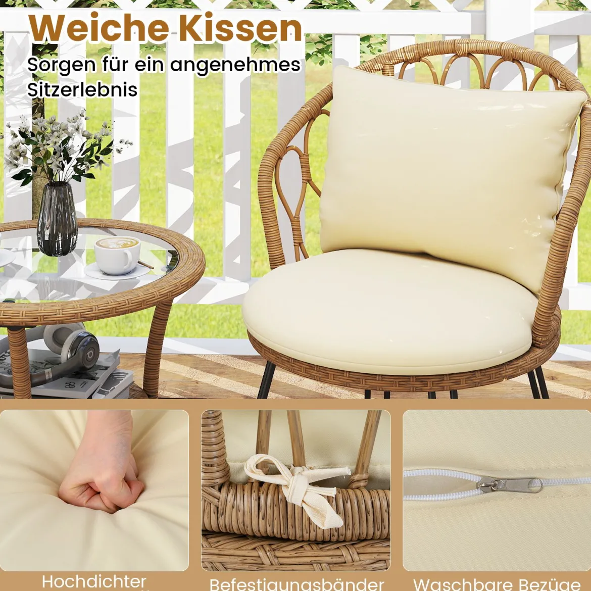 3-teiliges PE Rattan Bistro-Set für die Terrasse Outdoor-Set mit Kissen und 2-stöckigem Tisch Beige