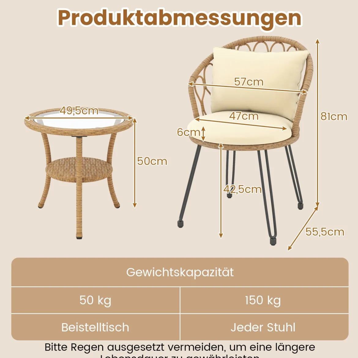 3-teiliges PE Rattan Bistro-Set für die Terrasse Outdoor-Set mit Kissen und 2-stöckigem Tisch Beige