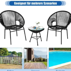 3-teiliges PE Rattan Möbelset Bistro-Set mit Tisch aus Hartglas für Terrasse 72,5 x 65,5 x 82,5 cm Schwarz