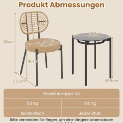 3-teiliges PE-Rattan Outdoor Bistro-Set Patio-Gesprächsset mit temperiertem Glas-Couchtisch Braun