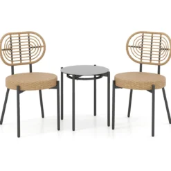 3-teiliges PE-Rattan Outdoor Bistro-Set Patio-Gesprächsset mit temperiertem Glas-Couchtisch Braun