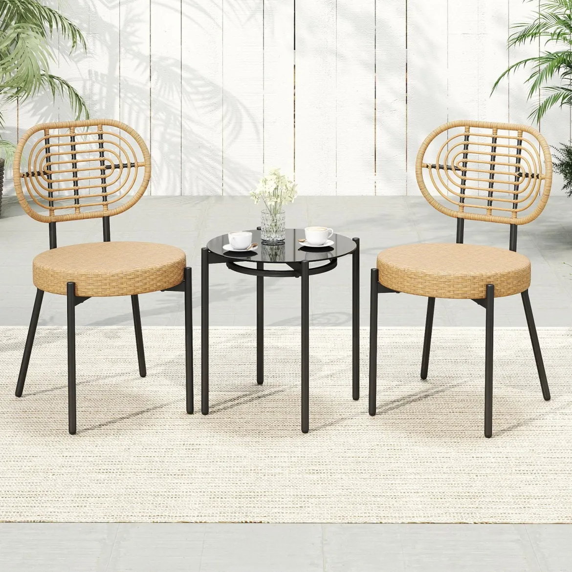 3-teiliges PE-Rattan Outdoor Bistro-Set Patio-Gesprächsset mit temperiertem Glas-Couchtisch Braun