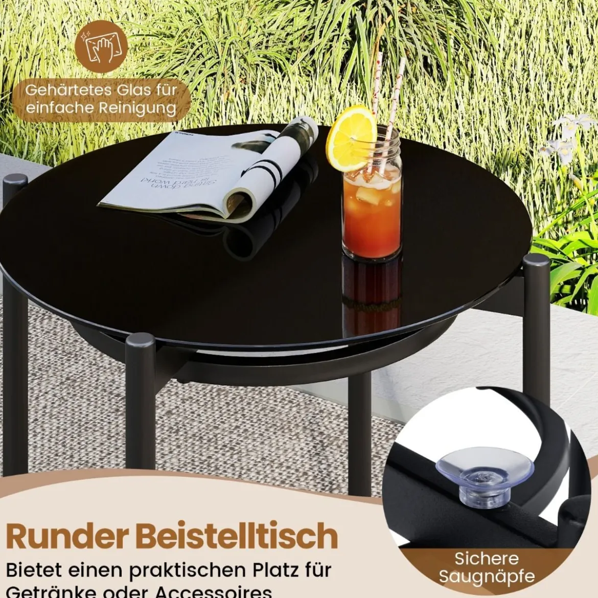 3-teiliges PE-Rattan Outdoor Bistro-Set Patio-Gesprächsset mit temperiertem Glas-Couchtisch Braun