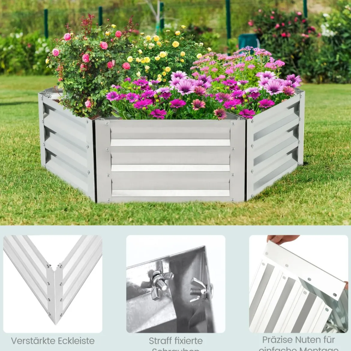 6-teiliges Pflanzkasten-Set aus Metall für Gemüse Dreieckiges Hochbeet 150 x 150 x 30 cm Silber