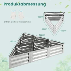 6-teiliges Pflanzkasten-Set aus Metall für Gemüse Dreieckiges Hochbeet 150 x 150 x 30 cm Silber