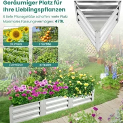 6-teiliges Pflanzkasten-Set aus Metall für Gemüse Dreieckiges Hochbeet 150 x 150 x 30 cm Silber