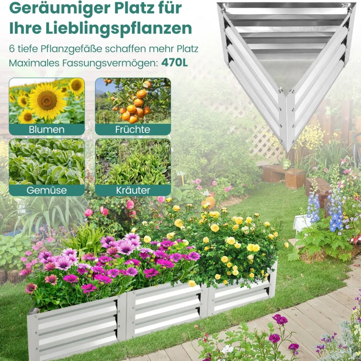 6-teiliges Pflanzkasten-Set aus Metall für Gemüse Dreieckiges Hochbeet 150 x 150 x 30 cm Silber