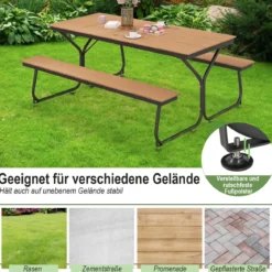 3-teiliges Picknicktisch & Bank-Set mit Holzähnlicher Textur für 8 Personen Braun