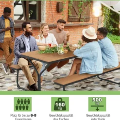 3-teiliges Picknicktisch & Bank-Set mit Holzähnlicher Textur für 8 Personen Braun