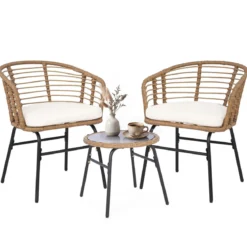 3-Teiliges Rattan Gartenmöbel Set Bistroset für 2 Personen Balkonmöbel mit Glastisch