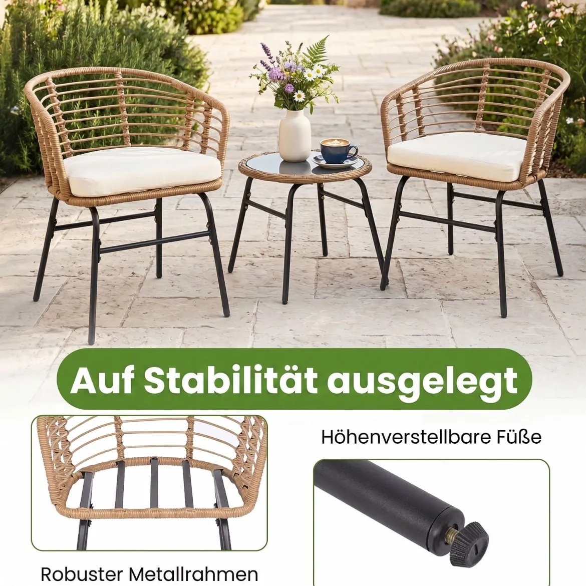 3-Teiliges Rattan Gartenmöbel Set Bistroset für 2 Personen Balkonmöbel mit Glastisch