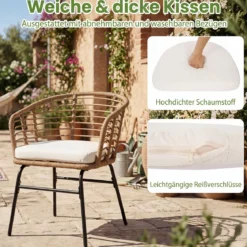 3-Teiliges Rattan Gartenmöbel Set Bistroset für 2 Personen Balkonmöbel mit Glastisch