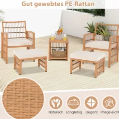 5-Teiliges Rattan Gartenmöbel Set Balkonmöbel mit 2 Sessel 2 Hocker & 2-Stöckiger Kaffeetisch Loungeset
